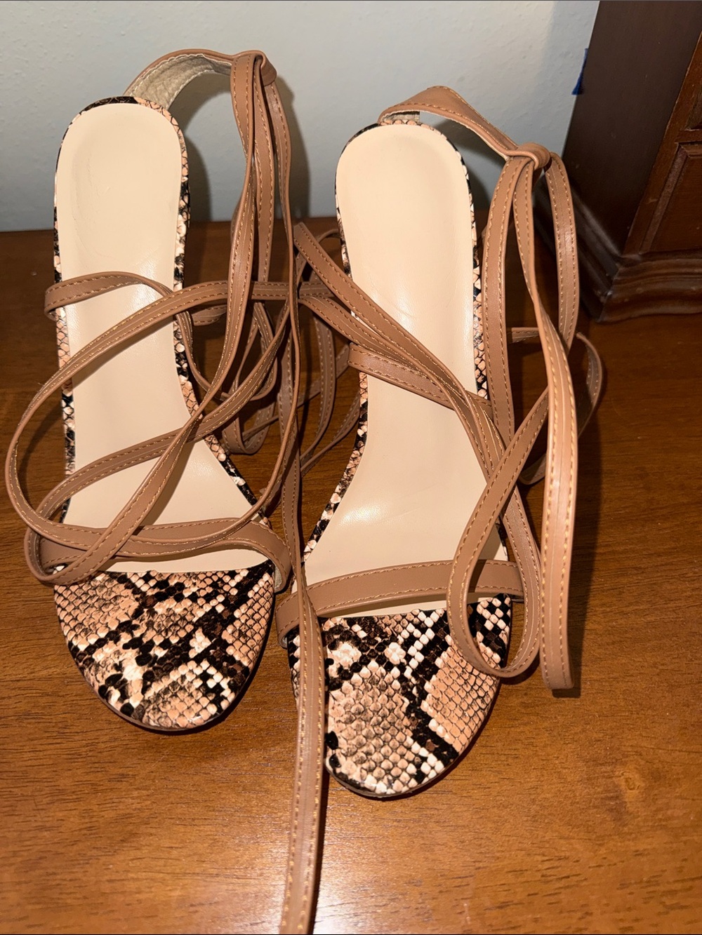 SHEIN Nude Tan Snake-Print Lace-Up Heels